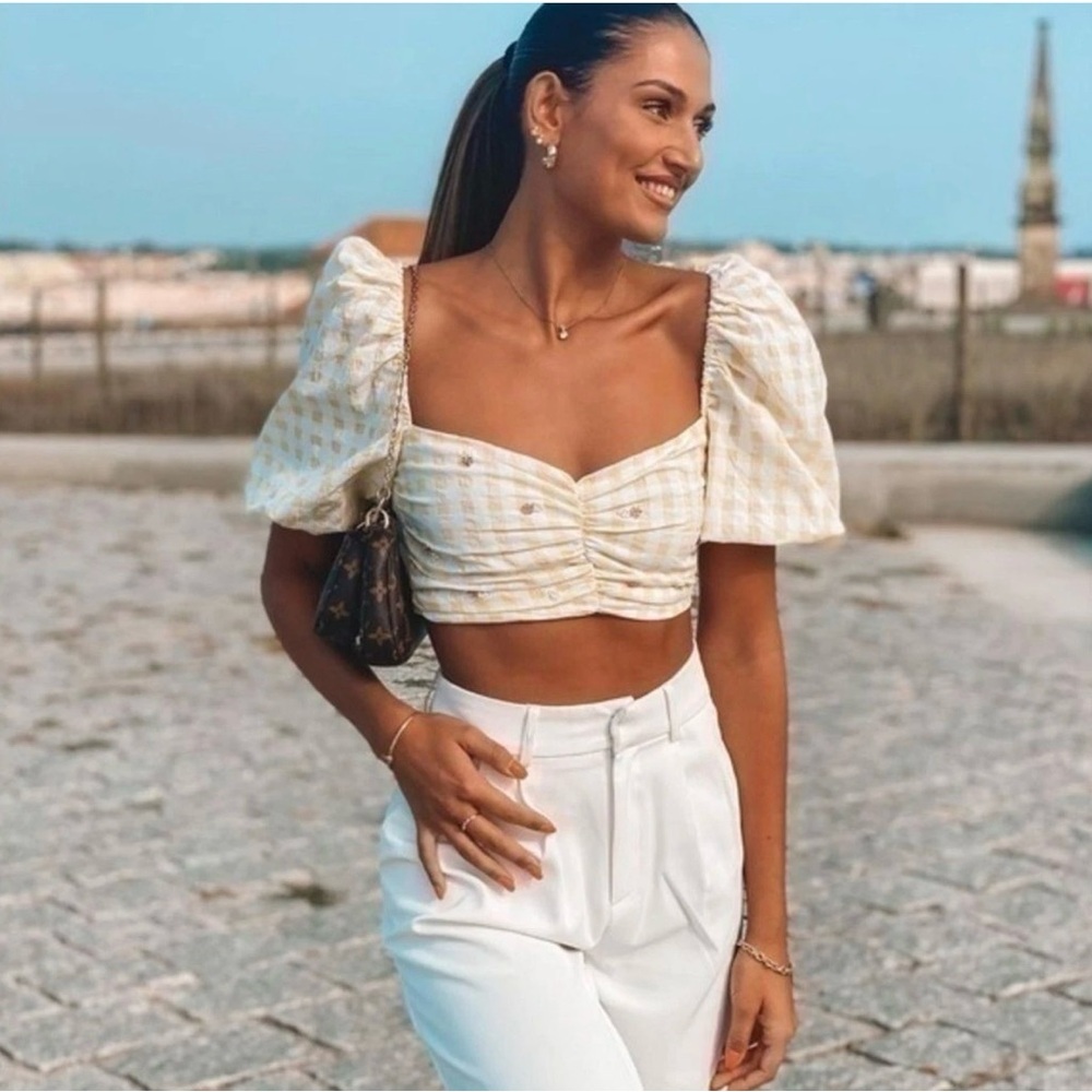 Zara Gingham  Cropped Puff-Sleeve Top